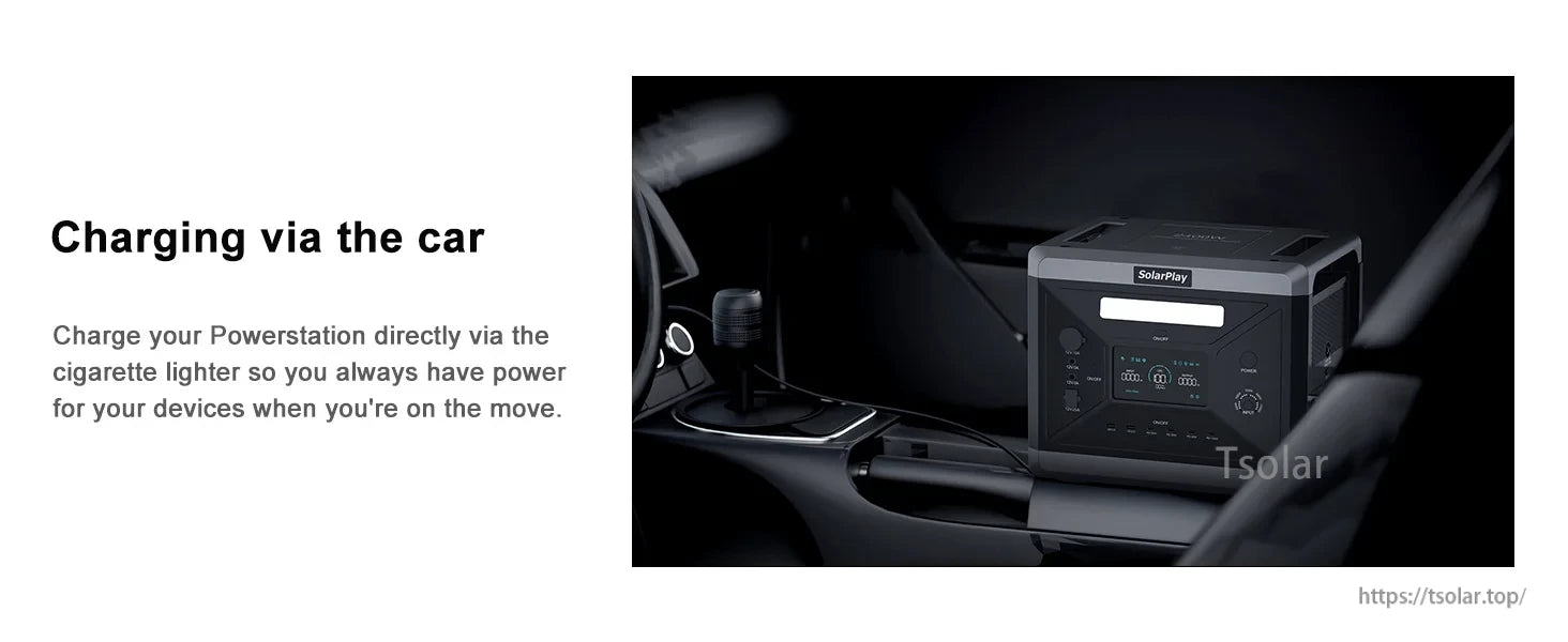 SOLARPLAY Q2501 Portable Power Station, Charge Powerstation via car cigarette lighter for on-the-go power.
