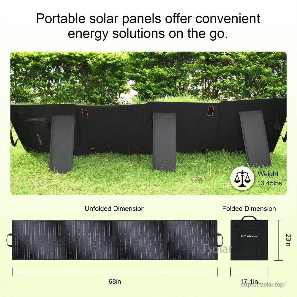 SOLARPLAY S200 200W Foldable Solar Panel, 200W portable solar panel, 18V monocrystalline, foldable; unfolds to 68in, folds to 17.1in, weighs 13.45lbs—lightweight, compact, efficient.