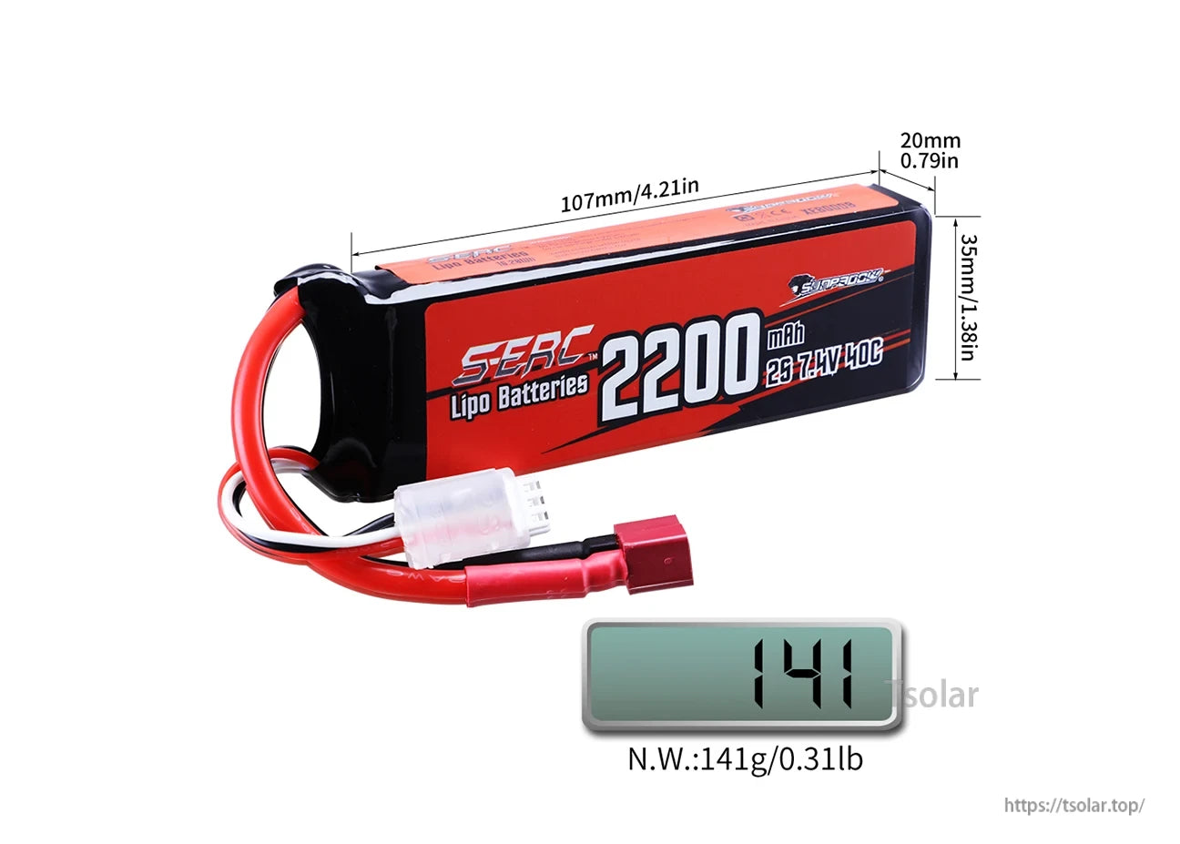 SUNPADOW 2S Lipo Battery, 2200mAh 2S 7.4V 40C LiPo battery, 107x35x20mm, 141g, includes red/black wires and connector.