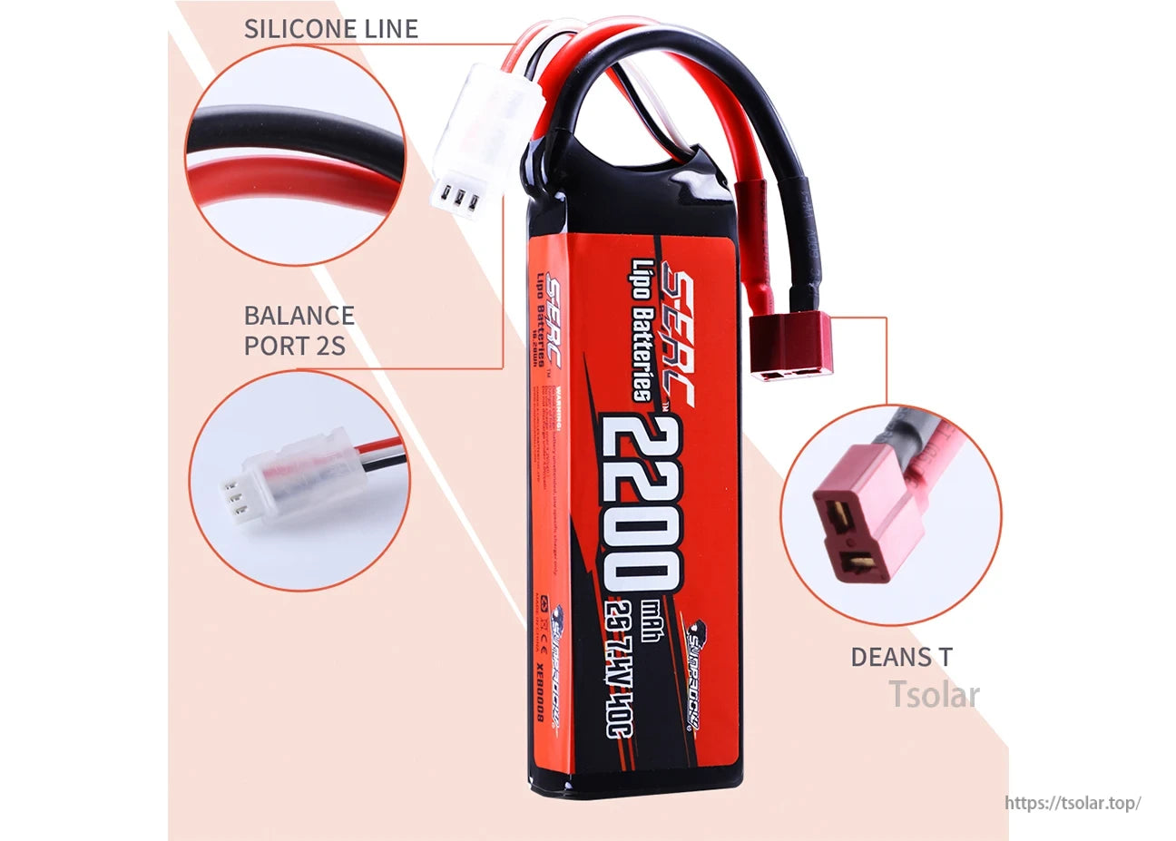 SUNPADOW 2S Lipo Battery, 2200mAh 7.4V 10C LiPo battery, 2S, with silicone wires, balance port, and Deans T plug for reliable power in RC devices.