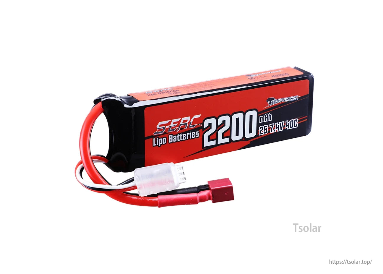 SUNPADOW 2S Lipo Battery, SERC Lipo Batteries, 2200mAh, 7.4V, 40C, 2S, red and black with connector wires.