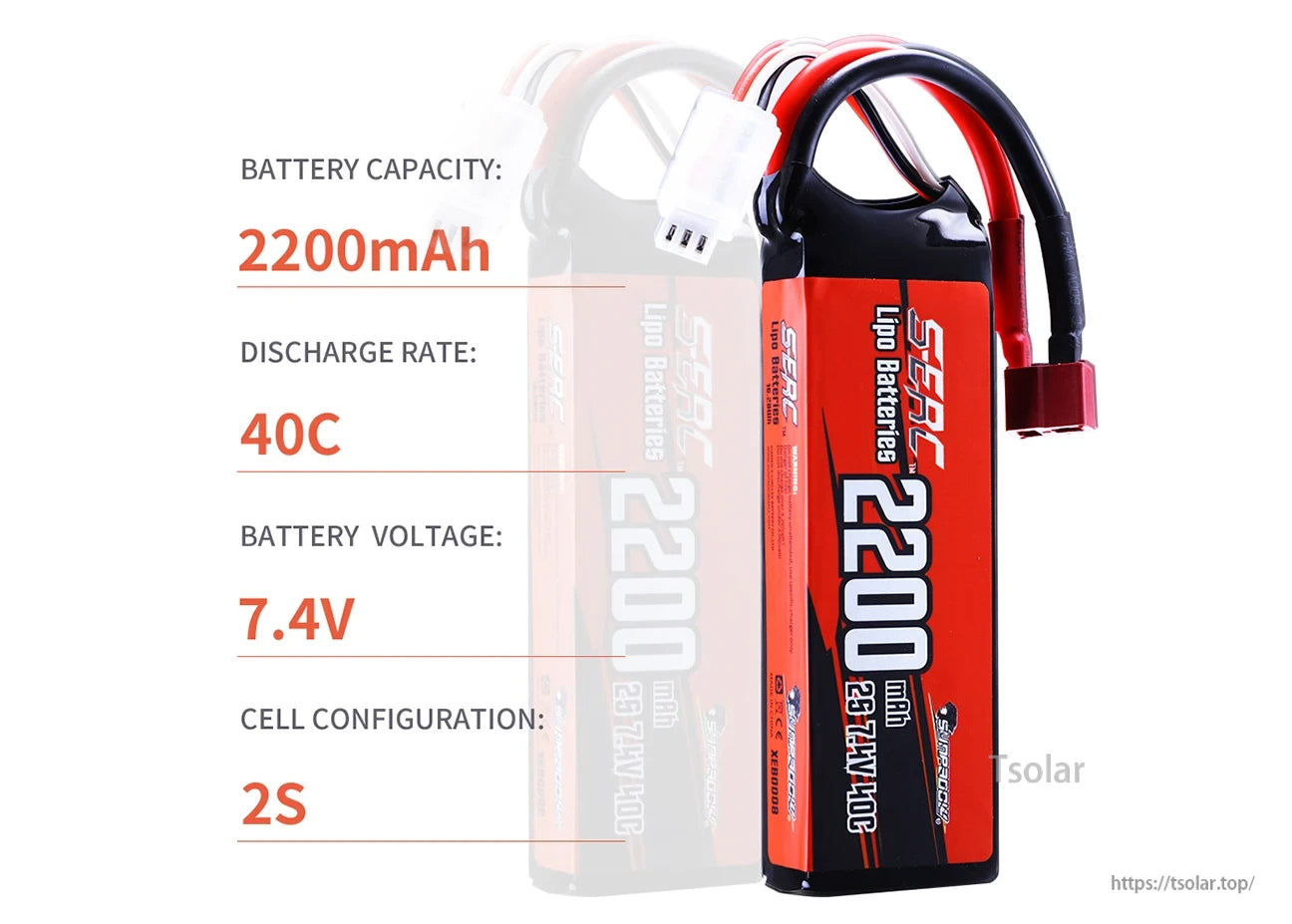 SUNPADOW 2S Lipo Battery, 2200mAh 7.4V 2S LiPo battery with 40C discharge rate, compact design ideal for high-performance RC models.