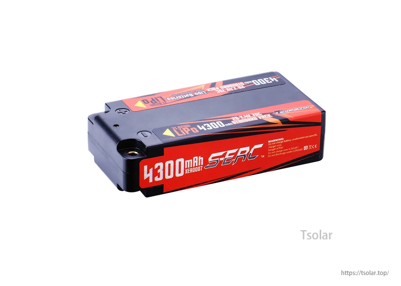 SUNPADOW 2S Shorty Lipo Battery, SUNPADOW 2S 4300mAh LiPo battery, 7.4V, 25.7Wh, 20C, CE certified. Use proper charger; avoid overcharge/discharge. Standard pack.