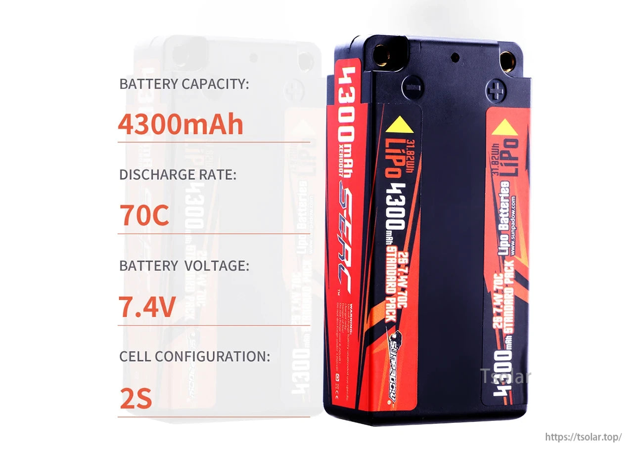 SUNPADOW 2S Shorty Lipo Battery, SUNPADOW 2S LiPo battery: 4300mAh, 70C discharge, 7.4V, high-performance for RC models.