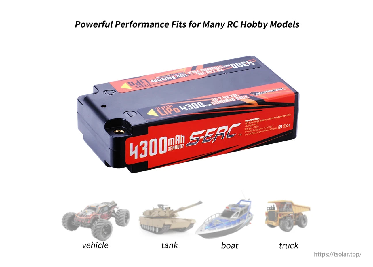 SUNPADOW 2S Shorty Lipo Battery, Serc XE0007 4300mAh 7.4V LiPo battery for RC vehicles, CE certified, with safety warnings and durable design for reliable, long-lasting performance.