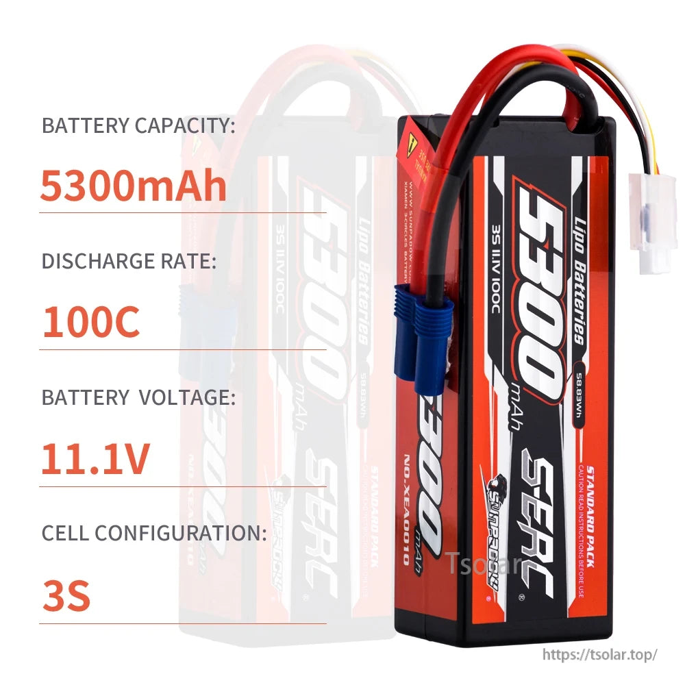 SUNPADOW Lipo Battery, 5300mAh 11.1V 3S LiPo battery with 100C discharge rate, ideal for RC applications; standard design ensures reliable, high-performance power delivery.