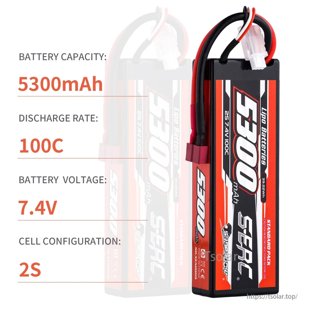 SUNPADOW Lipo Battery, 5300mAh 100C 7.4V 2S LiPo battery, CE-certified, made in China, includes red/black wires and connector.