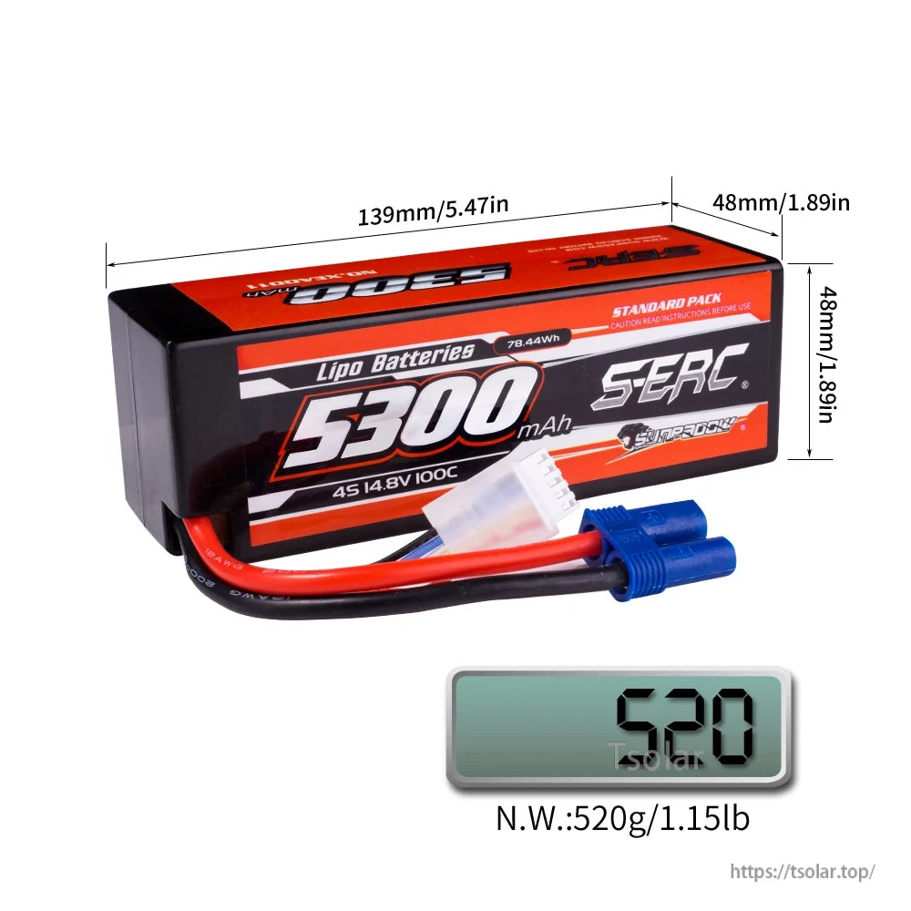 SUNPADOW Lipo Battery, SERC 5300mAh 4S 14.8V 100C LiPo battery, 78.44Wh, 139x48x48mm, 520g, includes red/black wires and blue connector.