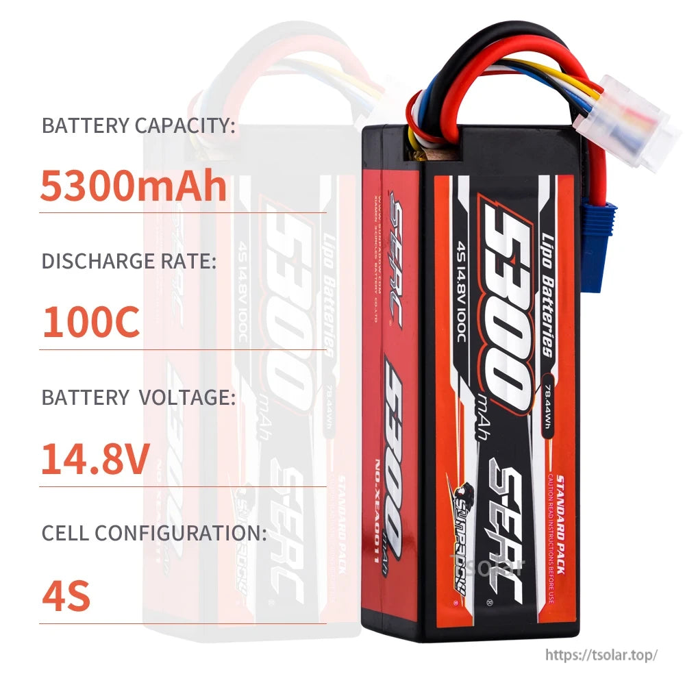 SUNPADOW Lipo Battery, High-performance 5300mAh 4S LiPo battery with 100C discharge rate, ideal for demanding RC applications.