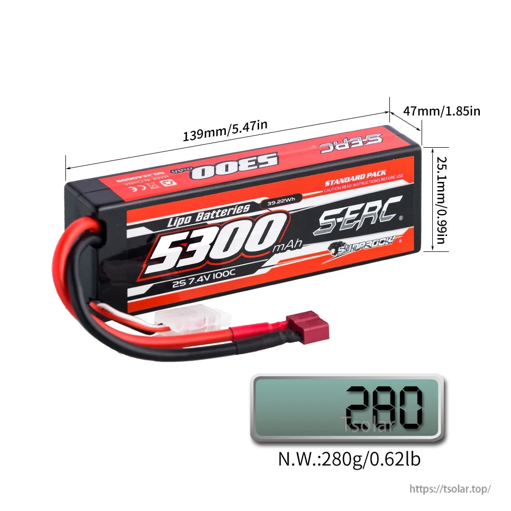 SUNPADOW Lipo Battery, SERC 5300mAh 2S 7.4V 100C LiPo battery, 39.22Wh, 139x47x25.1mm, 280g, red/black wires with connector.