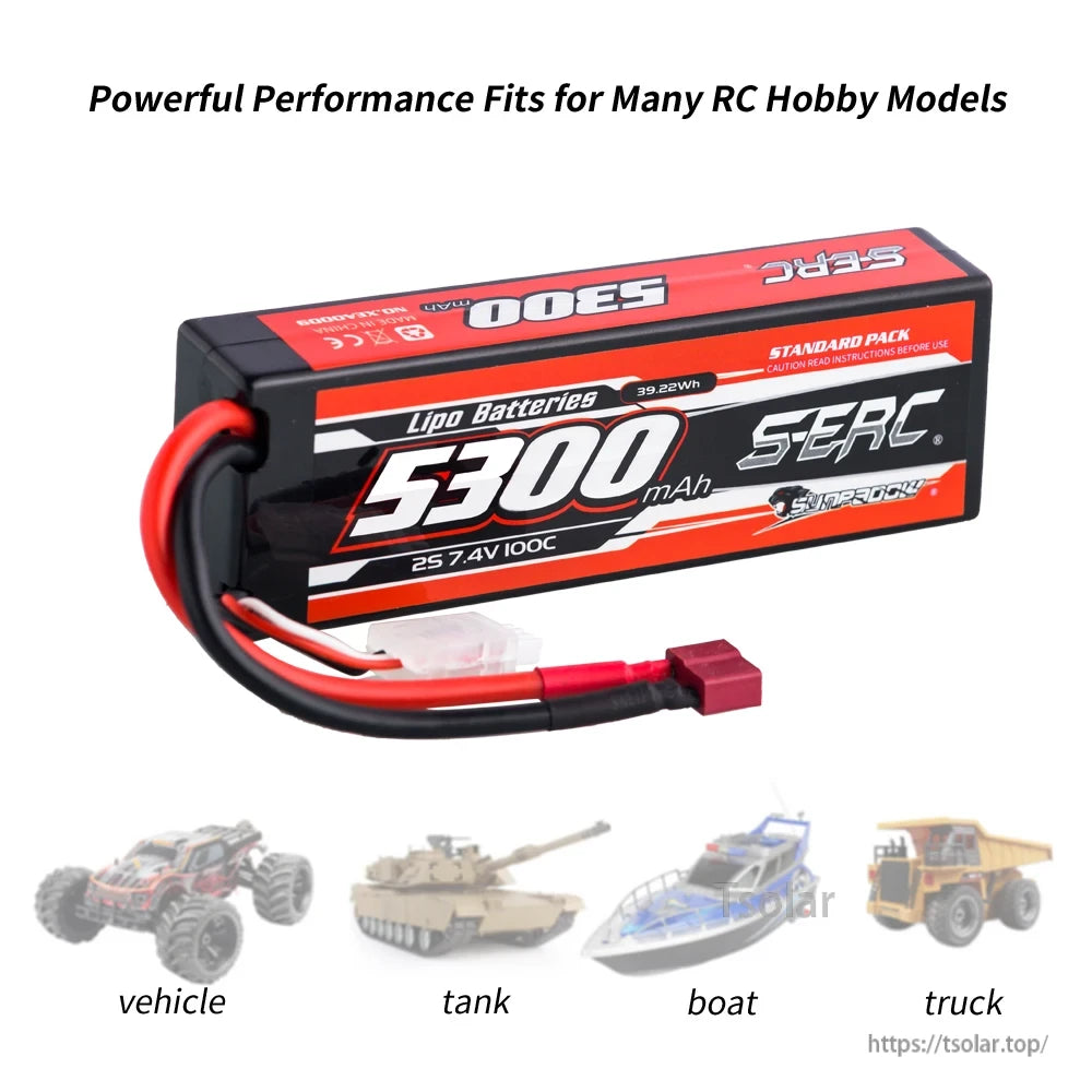 SUNPADOW Lipo Battery, 5300mAh 7.4V 100C LiPo battery, 39.22Wh, ideal for RC vehicles, tanks, boats, and trucks, delivering strong performance in hobby models. (24 words)