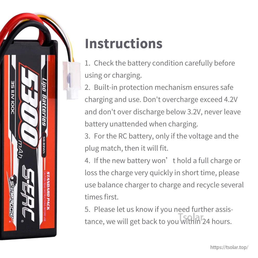 SUNPADOW Lipo Battery, SUNPADOW 5300mAh 11.1V 3S LiPo battery; follow safety guidelines, use proper charger, check voltage and plug compatibility, contact support within 24 hours if issues arise.