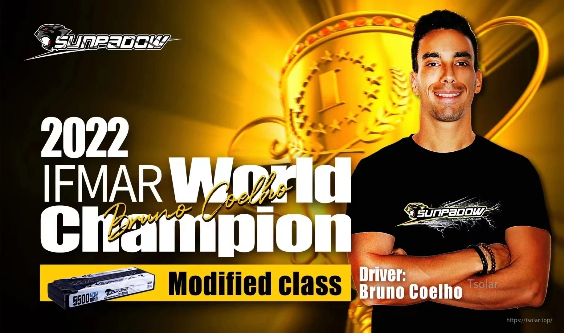 SUNPADOW Lipo Battery, Bruno Coelho, 2022 IFMAR World Champion in Modified class, uses SUNPADOW 5500mAh LiPo battery.