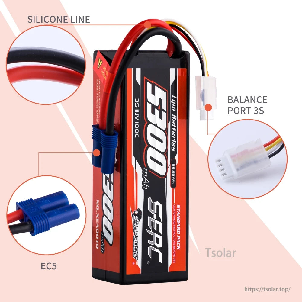 SUNPADOW Lipo Battery, SUNPADOW 5300mAh 3S LiPo battery with EC5 plug, silicone wire, balance port, and standard pack for reliable power performance.