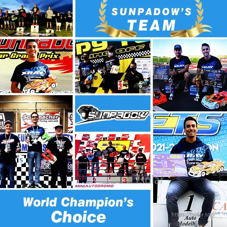 SUNPADOW Lipo Battery, SUNPADOW's Team, chosen by world champions, boasts racing wins, podiums, and dedicated RC car fans with branded gear and trophies.