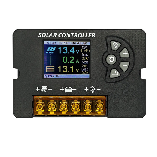 POWLSOJX 12/24V PWM solar charge controller front view with color LCD and button keypad