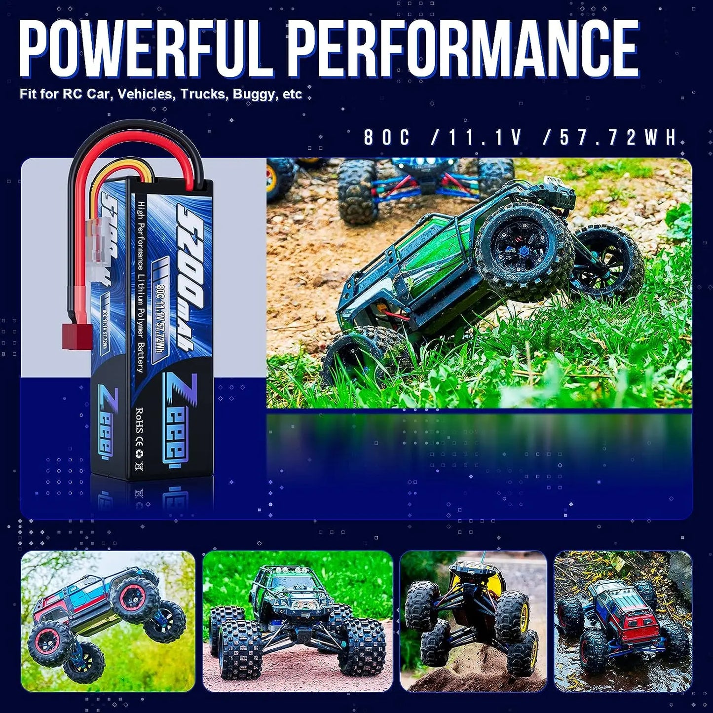 1/2pcs Zeee 3S 5200mAh LiPo Battery 11.1V 80C Hardcase, T/XT60/EC3/EC5 Plug for RC Car, Buggy, Truck, FPV Drone