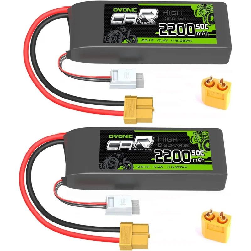 OVONIC 7.4V 2200mAh 50C 2S Lipo Battery, Two 7.4V 2200mAh 50C 2S LiPo batteries with XT60 & TRX plugs, 87×33×18mm, for RC vehicles.