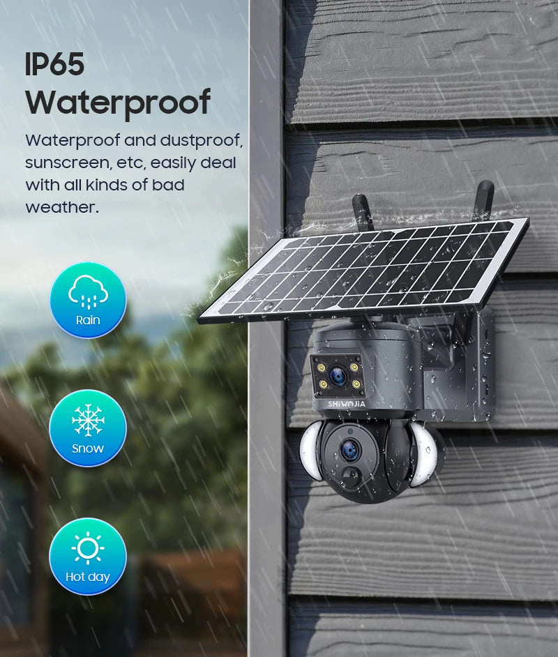 SHIWOJIA 4K 8MP Solar Camera, Waterproof and dustproof, withstanding harsh weather: rain, snow, and extreme temps.