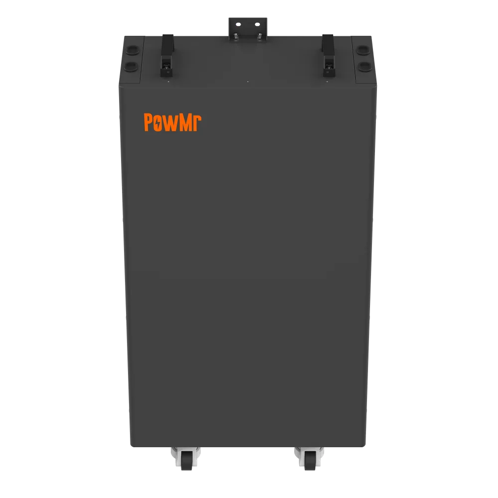 PowMr POW-LIO48300-IP65 51.2V 316Ah LiFePO4 home energy storage battery, front view on casters