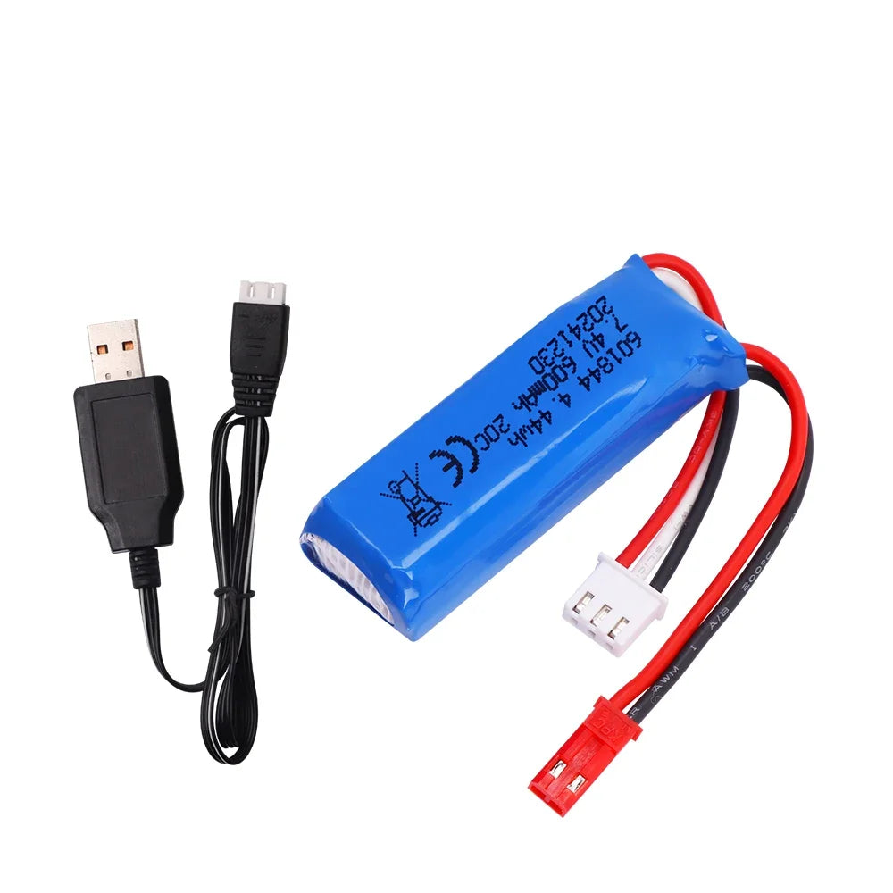 601844 7.4V 600mAh 2S Lipo Battery, 601844 7.4V 600mAh 2S LiPo battery set with JST plug and USB charger, compatible with WLtoys RC cars; available in 1–5pcs.