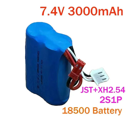 7.4V 3000mAh 2S1P 18500 Lipo Battery, 7.4V 3000mAh LiPo battery pack with JST and XH2.54 connectors, suitable for RC boats and toy cars.