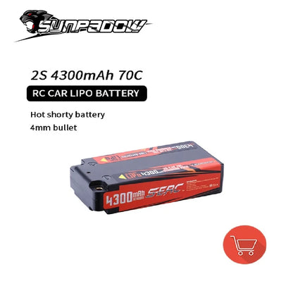 SUNPADOW 2S Shorty Lipo Battery, SUNPADOW 2S 4300mAh 70C LiPo battery for RC cars, featuring 4mm bullet connectors and durable hard case for reliable performance.