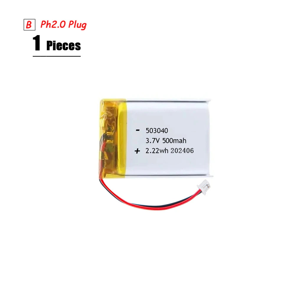 L7ADFJ 3.7V Lipo Battery, 3.7V 500mAh Li-Polymer battery (503040), PH2.0 plug, 1S1P, protective board, CE/RoHS/KC certified, 2.22Wh, model 202406.