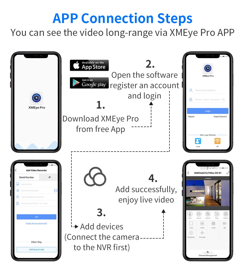 Connect Hiseeu 5MP Camera to XMEye Pro App via Google Play or Apple App Store.