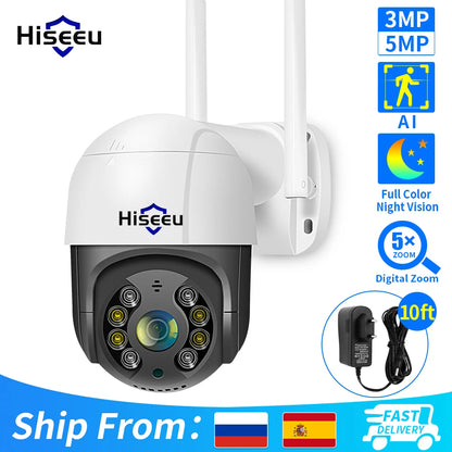 Hiseeu 4K 8MP Smart Wifi PTZ Camera, Smart camera with AI detection, wireless connectivity, and 5x zoom for clear nighttime video up to 10ft.