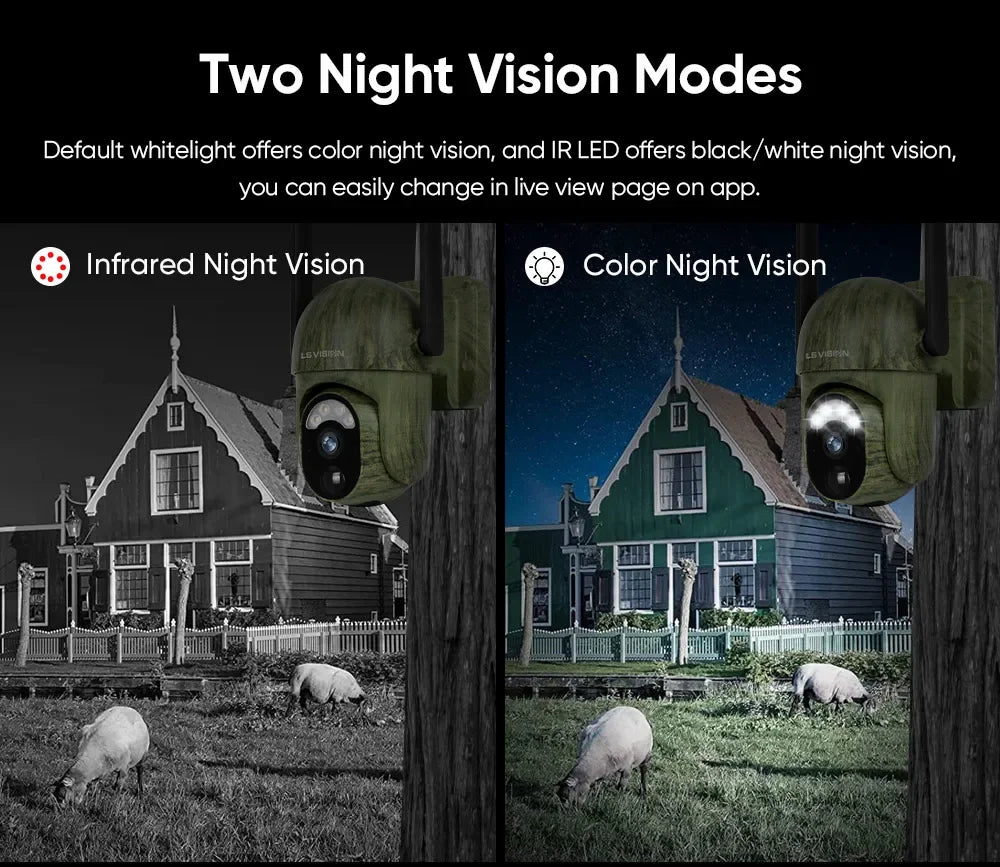 LS VISION 4MP 4G SIM Solar Trail Camera, Night vision modes: white light for color views, IR LEDs for B&W, easily switchable via app.