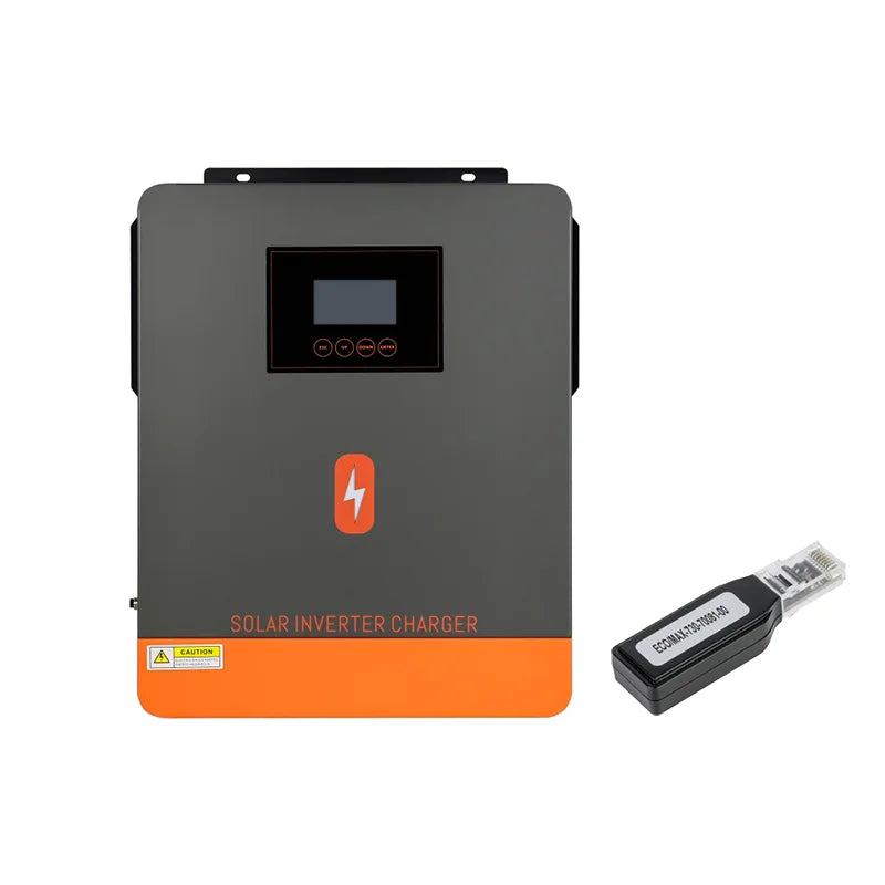Solar inverter charger with included USB-to-RJ45 communication dongle accessory shown beside unit