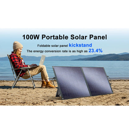 Fodable Solar Panel, Portable 100W solar panel with 23.4% efficiency, foldable design, built-in kickstand, ideal for outdoor use. (23 words)