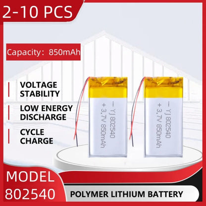 Rechargeable 850mAh LiPo battery, 3.7V, stable voltage, low discharge, ideal for Bluetooth headsets, beauty tools, selfie sticks, and sprayers.