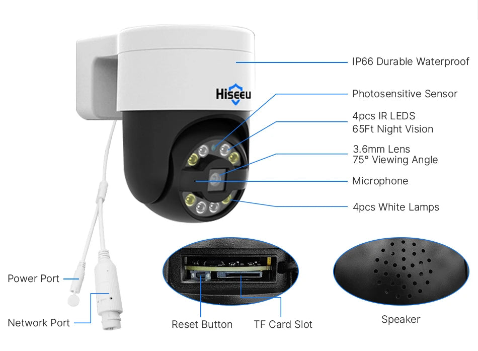 Hiseeu 2K 4MP Camera, IP66 waterproof camera with night vision, sensor, and various features like mic and speaker.