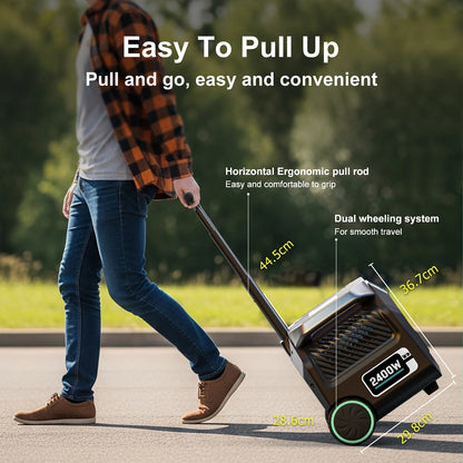 IEETEK P2400 2400W Portable Power Station, Portable 2400W power station with 2048Wh LiFePO4 battery, dual wheels, handle, and foldable solar panels for easy transport and charging.