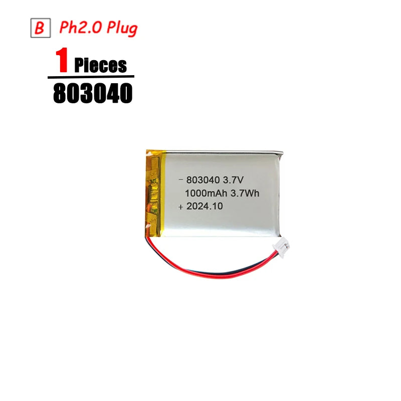 L7ADFJ 3.7V Lipo Battery, 3.7V 1000mAh Li-Polymer battery with PH2.0 plug, protective board, CE/RoHS/KC certified, 1S1P configuration, expiry date October 2024.
