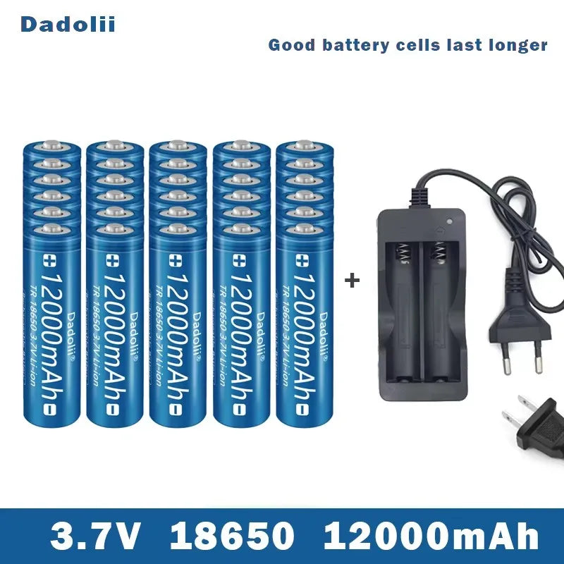 18650 Li-ion Rechargeable Battery 3.7V with Charger Set, Claimed 12000mAh, For Flashlight Torch (Dadolii)