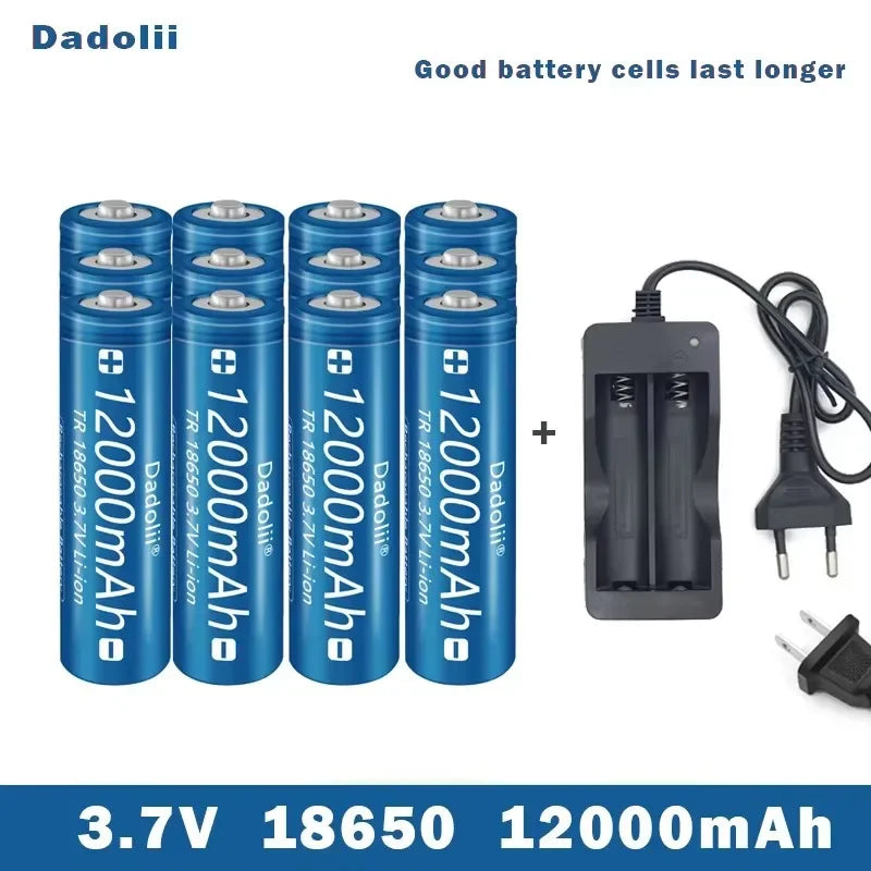 18650 Li-ion Rechargeable Battery 3.7V with Charger Set, Claimed 12000mAh, For Flashlight Torch (Dadolii)