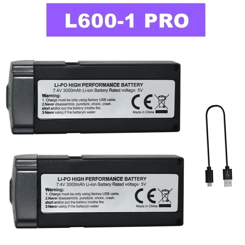 7.4V 3000mAh Li-Po battery, USB-charged only. Do not disassemble or damage. Keep dry and away from fire. CE certified. Made in China.