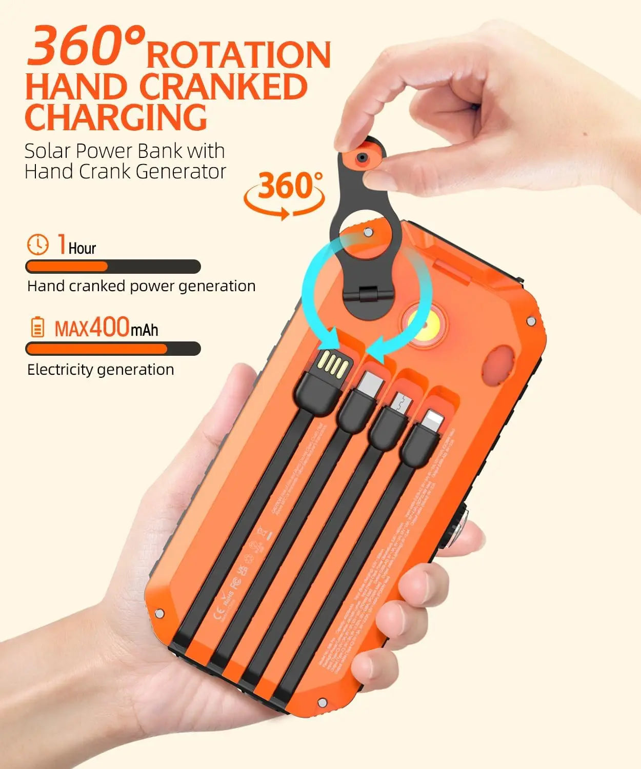 HS-43 40000mAh Solar Power Bank, 360° hand crank charging, 400mAh max, 1-hour power generation, solar power bank with built-in cables.