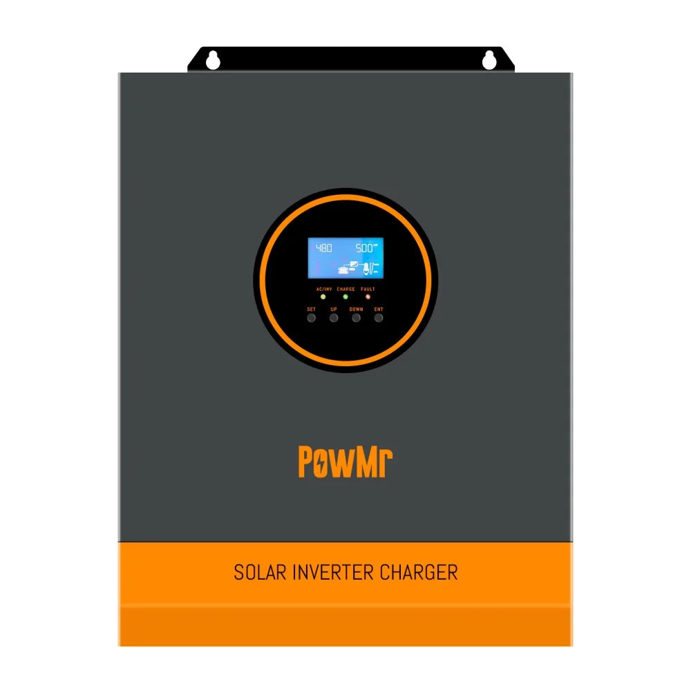 PowMr POW-LVM3K-24V-H 24V 3000W hybrid inverter front view with LCD display and buttons