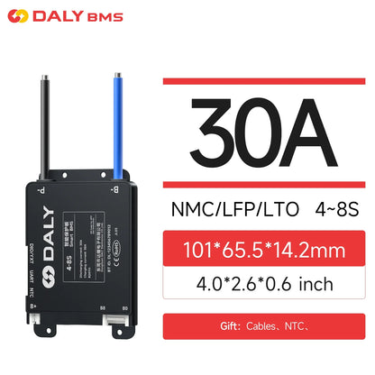 30A BMS spec graphic: NMC/LFP/LTO 4–8S, size 101×65.5×14.2 mm (4.0×2.6×0.6 in)