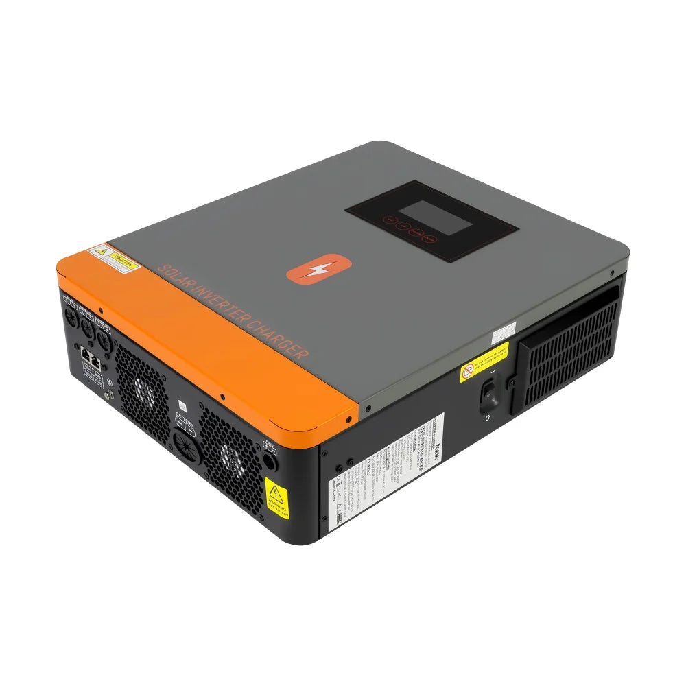 PowMr hybrid solar inverter top and side view showing cooling fans, ports area, and spec label