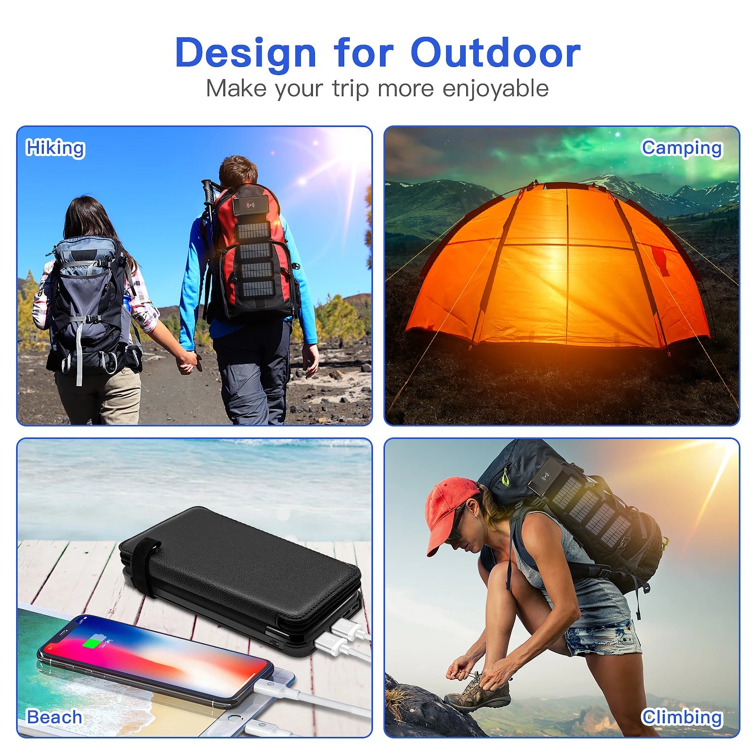 10000mAh Solar Power Bank, Outdoor solar power bank for hiking, camping, beach, and climbing.
