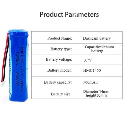 3.7V 500mAh Li‑Ion Replacement Battery, 3.7V 500mAh Li-Ion battery, 14x50mm, model HMC1450, capacitive lithium type, designed for dashcams.