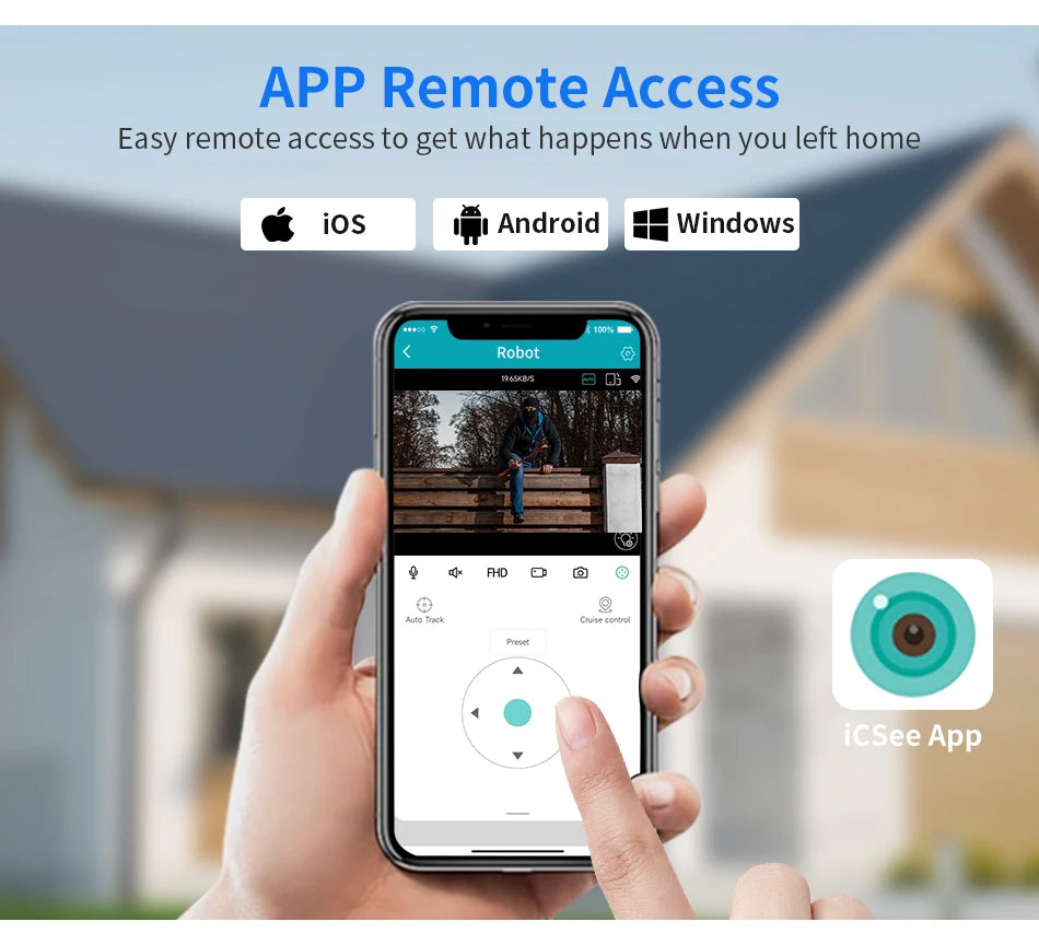 Hiseeu 4K 8MP Smart Wifi PTZ Camera, Remote access to camera for iOS, Android, and Windows devices with motion detection and alert features.