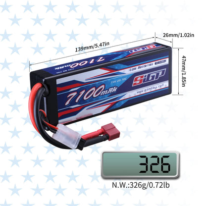 SIGP 2S 7.4V/7.6V LiPo Battery, 7.4V 7100mAh 70C LiPo battery, 139x47x26mm, 326g, Deans T plug, ideal for RC car, truck, and buggy racing.