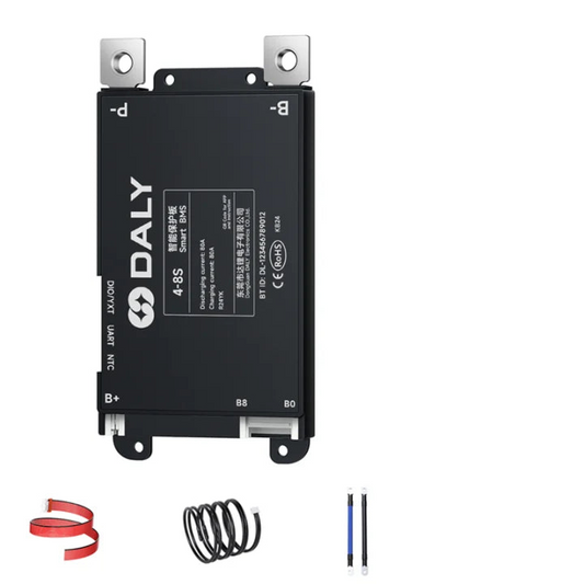 DALY Smart BMS black module with B- and P- terminals, plus cables and NTC sensor shown below