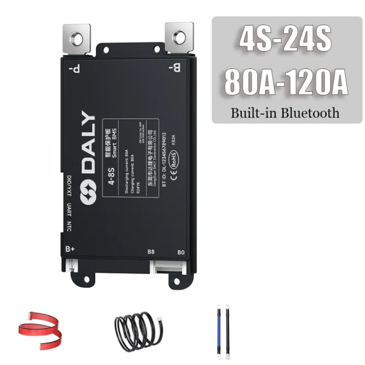 DALY Smart BMS graphic showing 4S–24S and 80A–120A range with built-in Bluetooth text